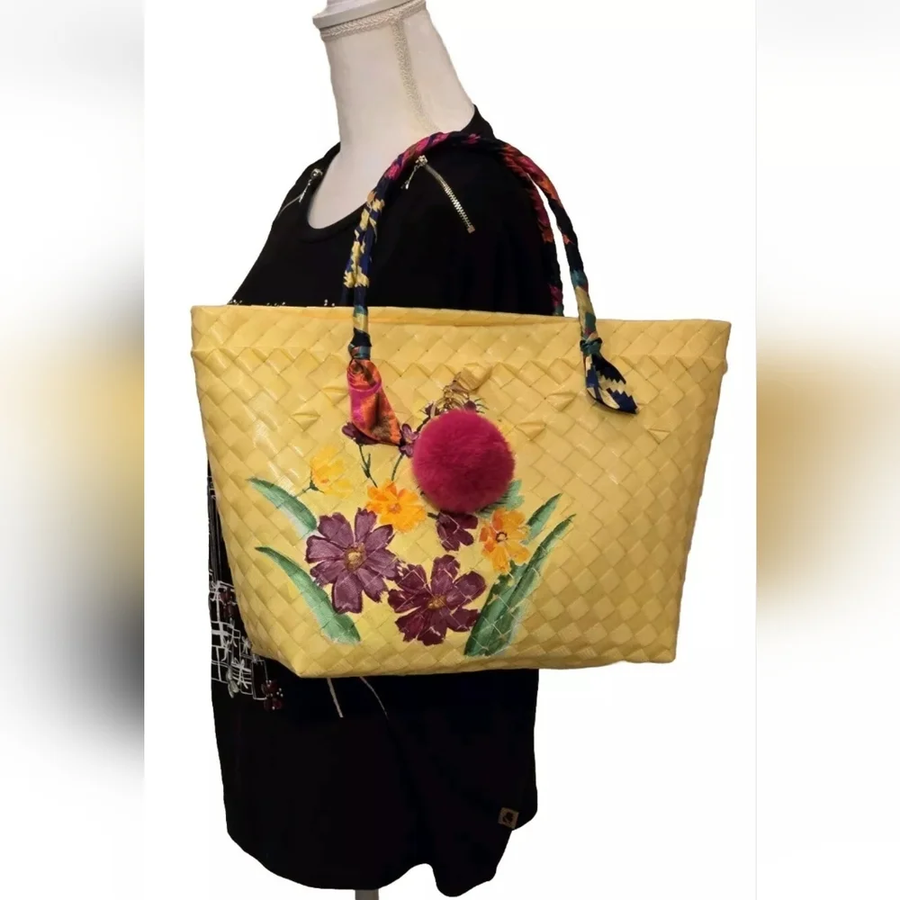 Gingham Basket Weave Handcrafted, Handpainted  Silk-Wrapped Handle Tote Bag NWOT - Picture 10 of 14